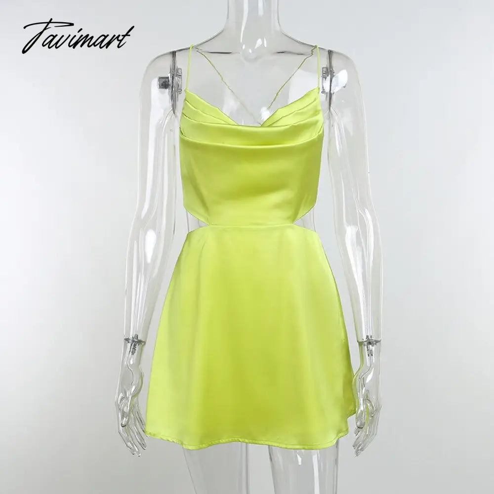 Sexy Summer Spaghetti Straps A Line Satin Mini Dresses for Women Elegant Backless Bandage Bodycon Club Party Dress Clothes