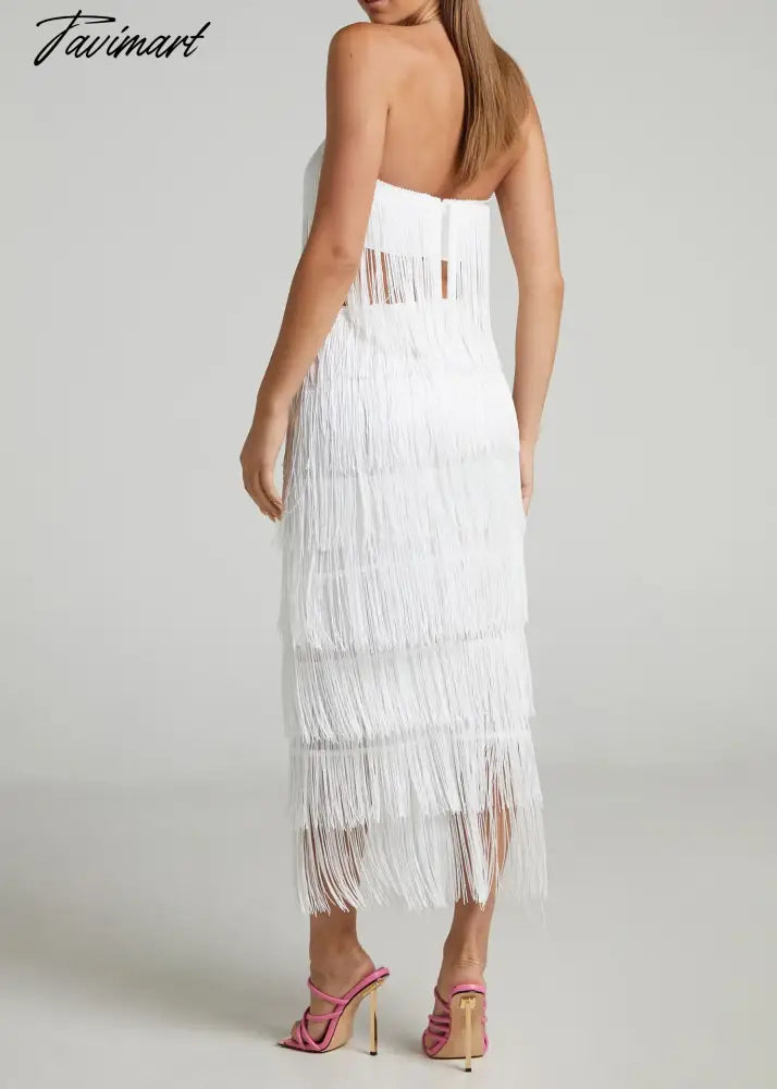 Sexy Tassel Prom Dress for Women, Off Shoulder, Bodycon, Long, Elegant, White, Wedding, Evening Party, Club, Bandage
