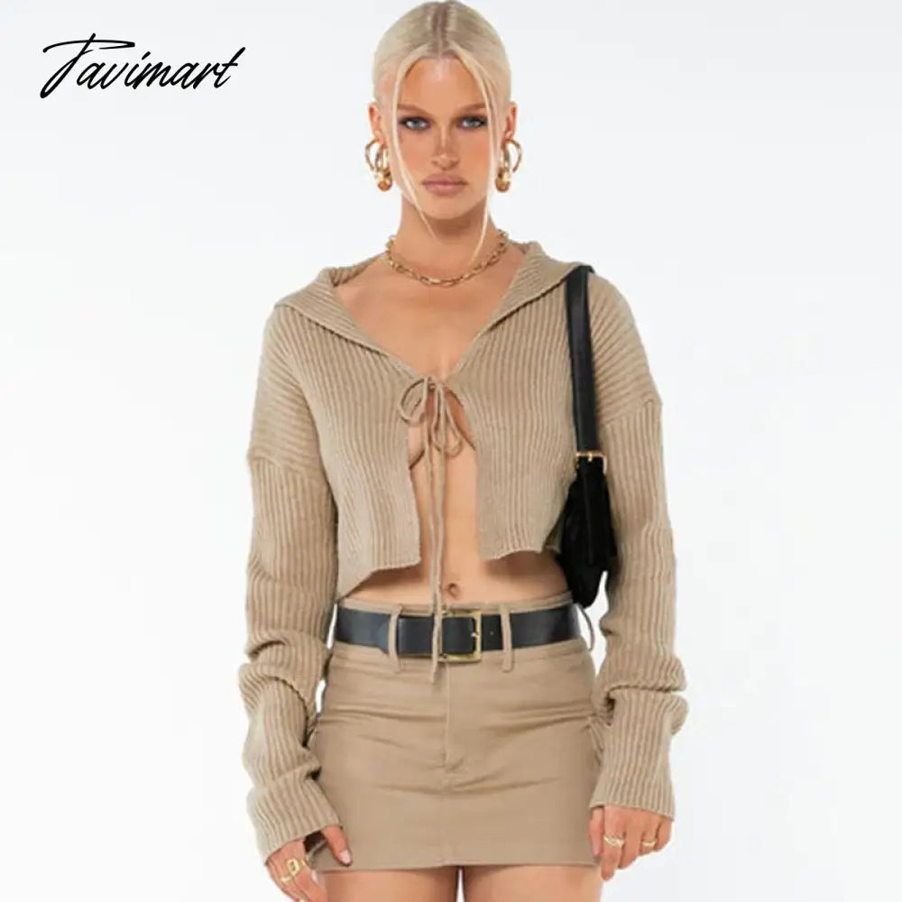 Sexy V-Neck Lace Up Thick Winter Cardigan Long Sleeve Y2K Style Knitwears Cropped Tops Fashion Sweaters For Women