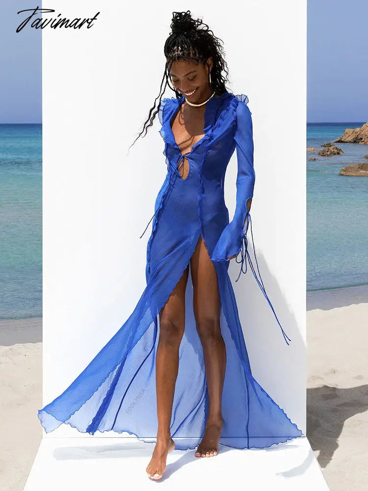 Sexy V Neck Split Perspective Ruffle Drawstring Tight Beach Dress For Women Summer Elegant Party Maxi Dress Vestidos A1942