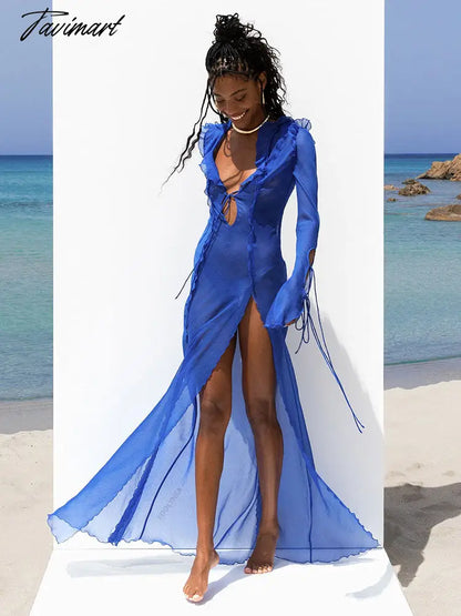 Sexy V Neck Split Perspective Ruffle Drawstring Tight Beach Dress For Women Summer Elegant Party Maxi Dress Vestidos A1942