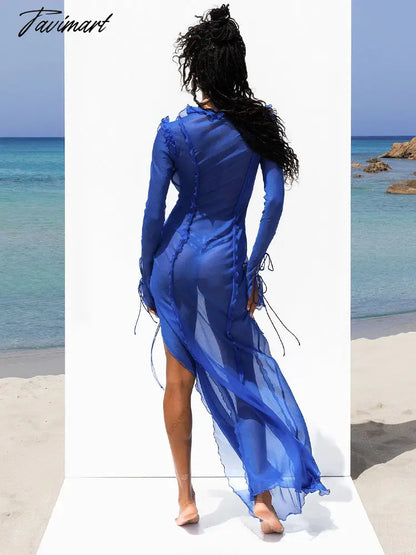 Sexy V Neck Split Perspective Ruffle Drawstring Tight Beach Dress For Women Summer Elegant Party Maxi Dress Vestidos A1942