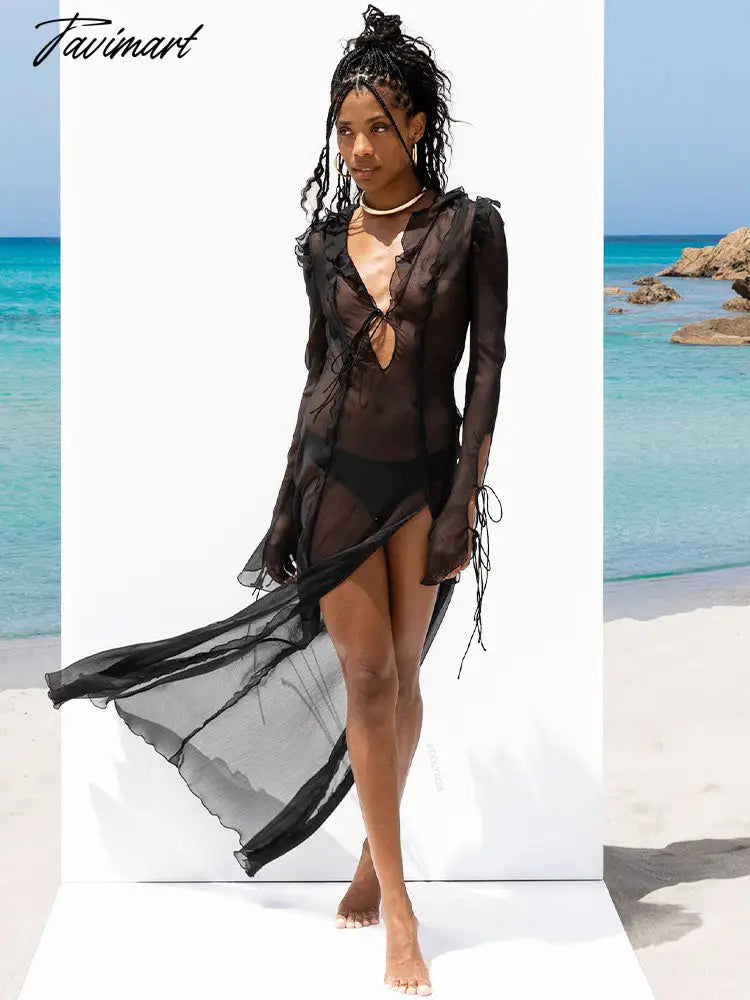 Sexy V Neck Split Perspective Ruffle Drawstring Tight Beach Dress For Women Summer Elegant Party Maxi Dress Vestidos A1942