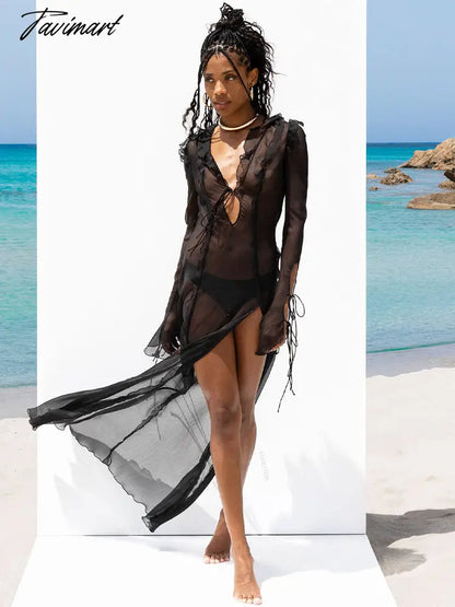Sexy V Neck Split Perspective Ruffle Drawstring Tight Beach Dress For Women Summer Elegant Party Maxi Dress Vestidos A1942