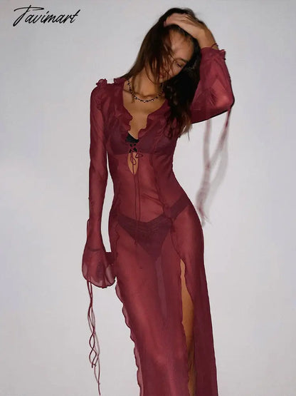 Sexy V Neck Split Perspective Ruffle Drawstring Tight Beach Dress For Women Summer Elegant Party Maxi Dress Vestidos A1942