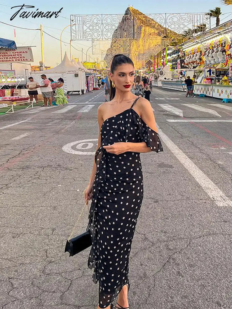 Sexy Wave Point Single Shoulder Belt Split Midi Dress For Women Chic Diagonal Collar Backless Vestido Summer Lady Slim Robe