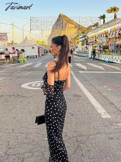 Sexy Wave Point Single Shoulder Belt Split Midi Dress For Women Chic Diagonal Collar Backless Vestido Summer Lady Slim Robe