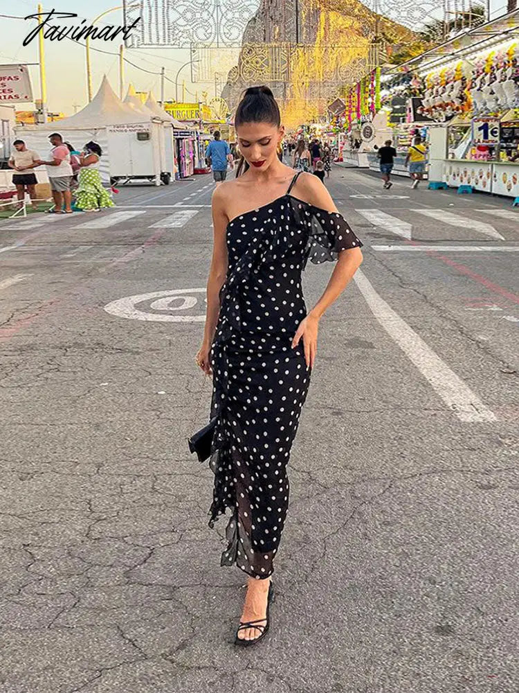 Sexy Wave Point Single Shoulder Belt Split Midi Dress For Women Chic Diagonal Collar Backless Vestido Summer Lady Slim Robe