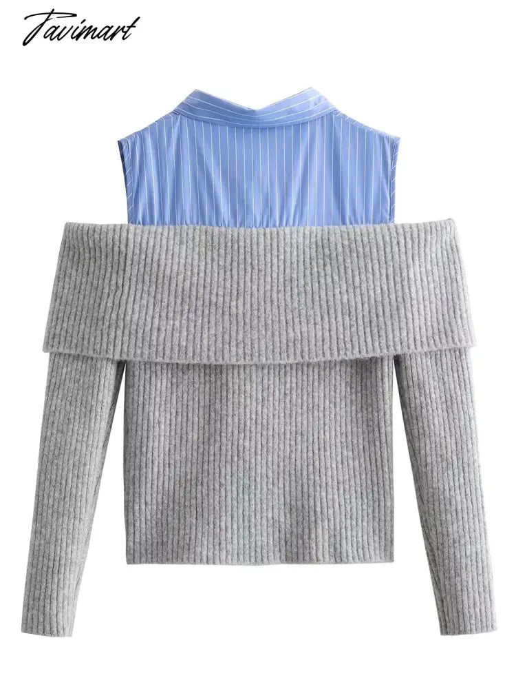 Shirt Patchwork Fake Two Pieces Knitted Sweaters Autumn Women Sexy Off Shoulder Lapel Long Sleeve Cardigan Fashion Chic Jumpers