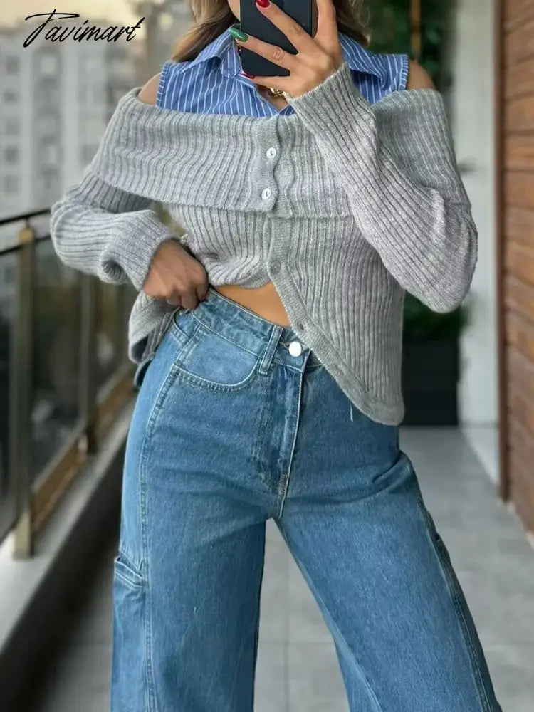 Shirt Patchwork Fake Two Pieces Knitted Sweaters Autumn Women Sexy Off Shoulder Lapel Long Sleeve Cardigan Fashion Chic Jumpers