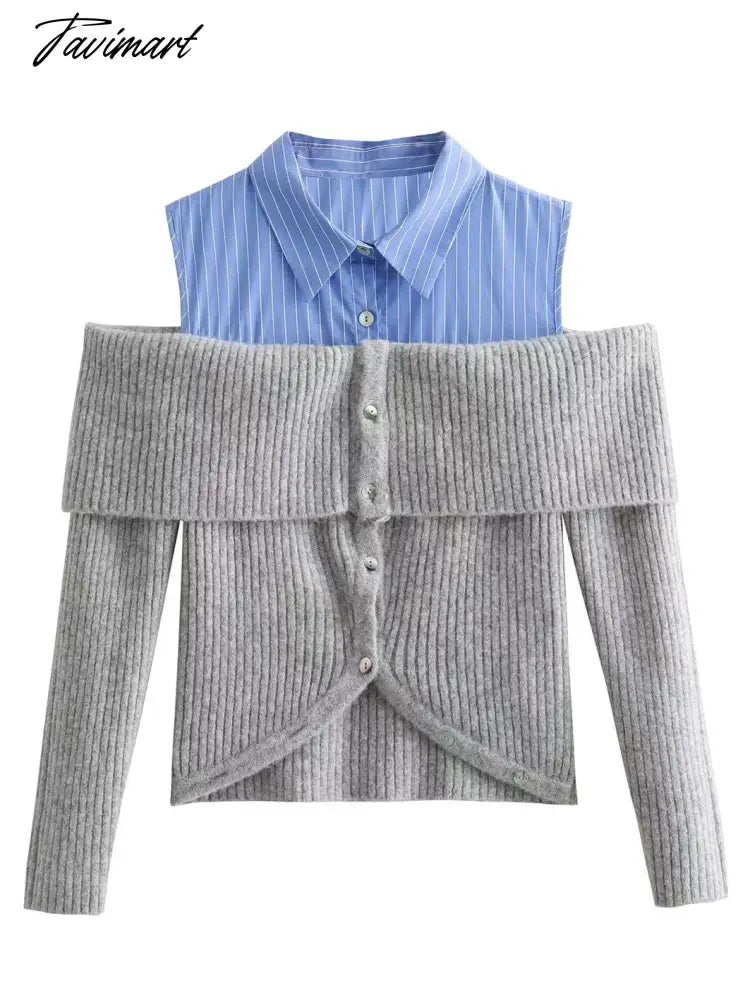 Shirt Patchwork Fake Two Pieces Knitted Sweaters Autumn Women Sexy Off Shoulder Lapel Long Sleeve Cardigan Fashion Chic Jumpers