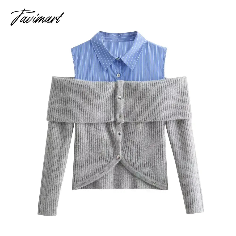 Shirt Patchwork Fake Two Pieces Knitted Sweaters Autumn Women Sexy Off Shoulder Lapel Long Sleeve Cardigan Fashion Chic Jumpers