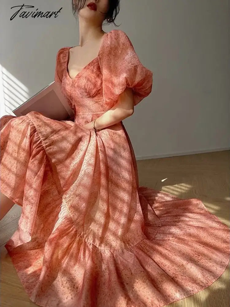 Short Sleeve French Elegant Dress Woman Beach Chiffon Fashion Midi Dress Office Lady Retro Even Party Dress Casual Summer