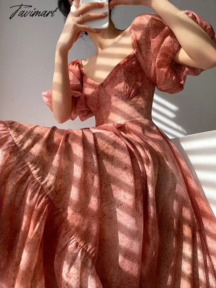 Short Sleeve French Elegant Dress Woman Beach Chiffon Fashion Midi Dress Office Lady Retro Even Party Dress Casual Summer