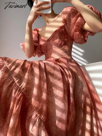 Short Sleeve French Elegant Dress Woman Beach Chiffon Fashion Midi Dress Office Lady Retro Even Party Dress Casual Summer