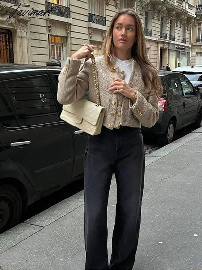 Short Solid Women's Jacket Autumn Winter New Single-Breasted O-neck Long Sleeve Coat Elegant Female Golden Buckle Tops