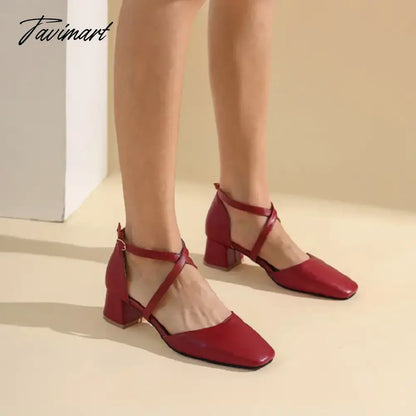 Sianie Tianie PU Summer Red White Black Cross-Strap Womens Chunky Heels Shoes Mary Janes Woman Sandals Big Size 47 48 49 50