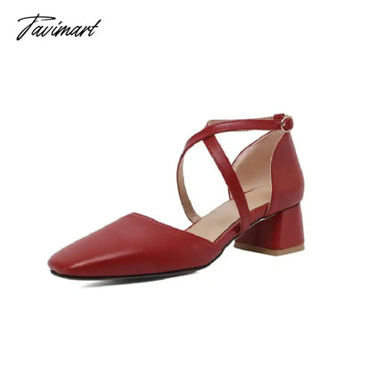 Sianie Tianie PU Summer Red White Black Cross-Strap Womens Chunky Heels Shoes Mary Janes Woman Sandals Big Size 47 48 49 50