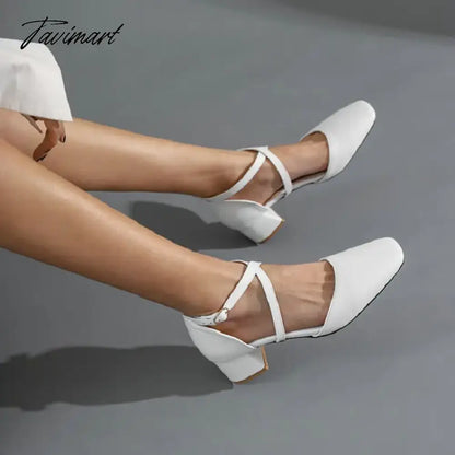 Sianie Tianie PU Summer Red White Black Cross-Strap Womens Chunky Heels Shoes Mary Janes Woman Sandals Big Size 47 48 49 50