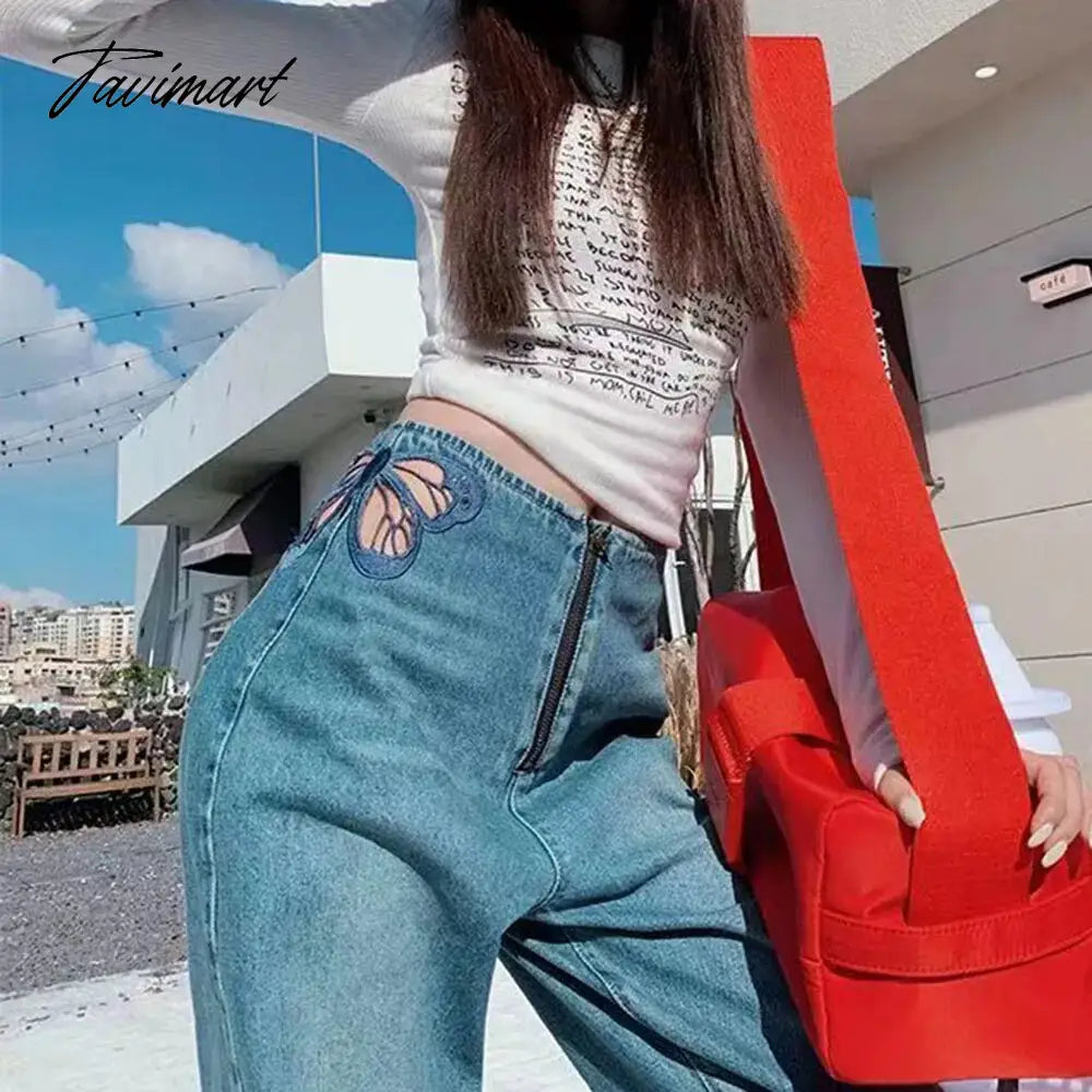 Side Butterfly Jeans Women Sexy Hollow Embroidery Long Pants Women's All Match Casual Denim Pant Female Summer
