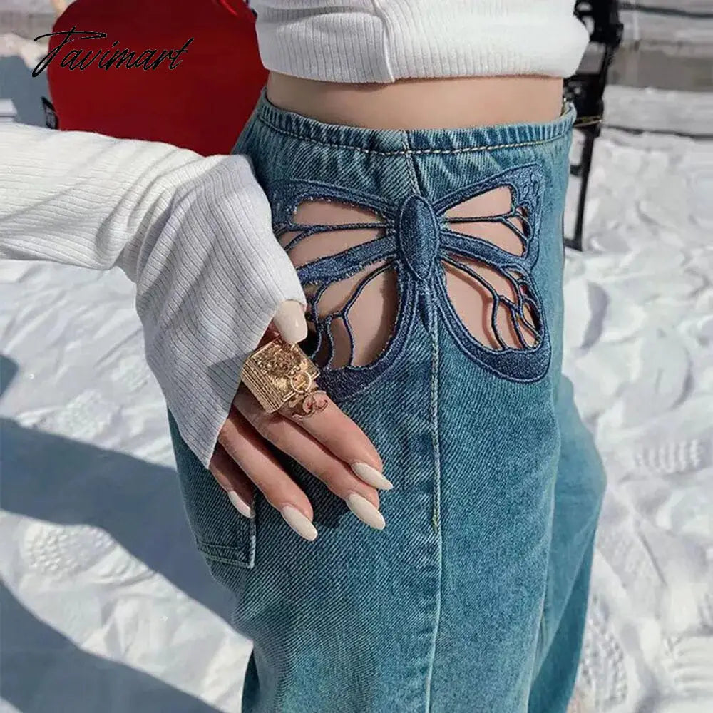 Side Butterfly Jeans Women Sexy Hollow Embroidery Long Pants Women's All Match Casual Denim Pant Female Summer