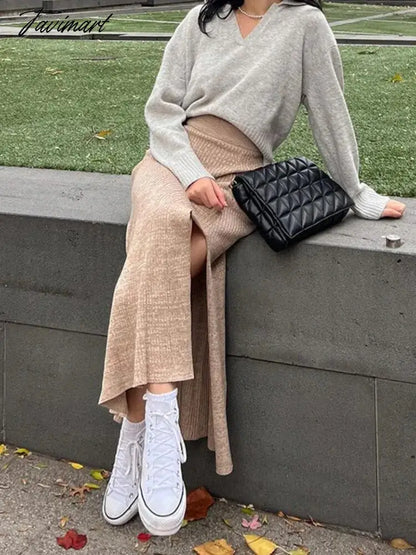 Side Slits Knitted Skirt For Women High Waist Slim Sexy Hollow Out Maxi Skirts Femme Autumn Casual Long Skirt Woman