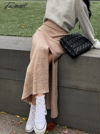 Side Slits Knitted Skirt For Women High Waist Slim Sexy Hollow Out Maxi Skirts Femme Autumn Casual Long Skirt Woman
