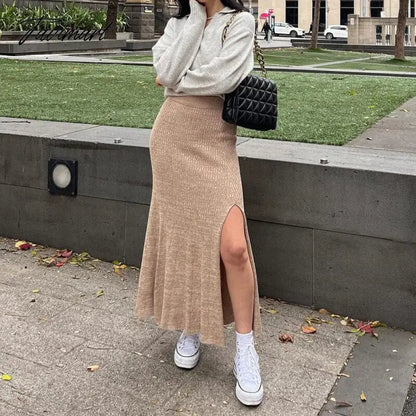 Side Slits Knitted Skirt For Women High Waist Slim Sexy Hollow Out Maxi Skirts Femme Autumn Casual Long Skirt Woman