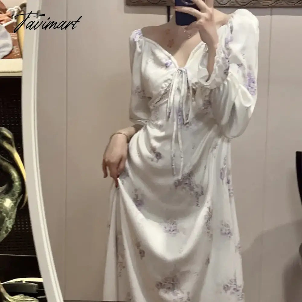 Silk Nightgown Victorian Style Princess Sleepwear Long Woman Floral Print Summer Long Sleeve Nightie