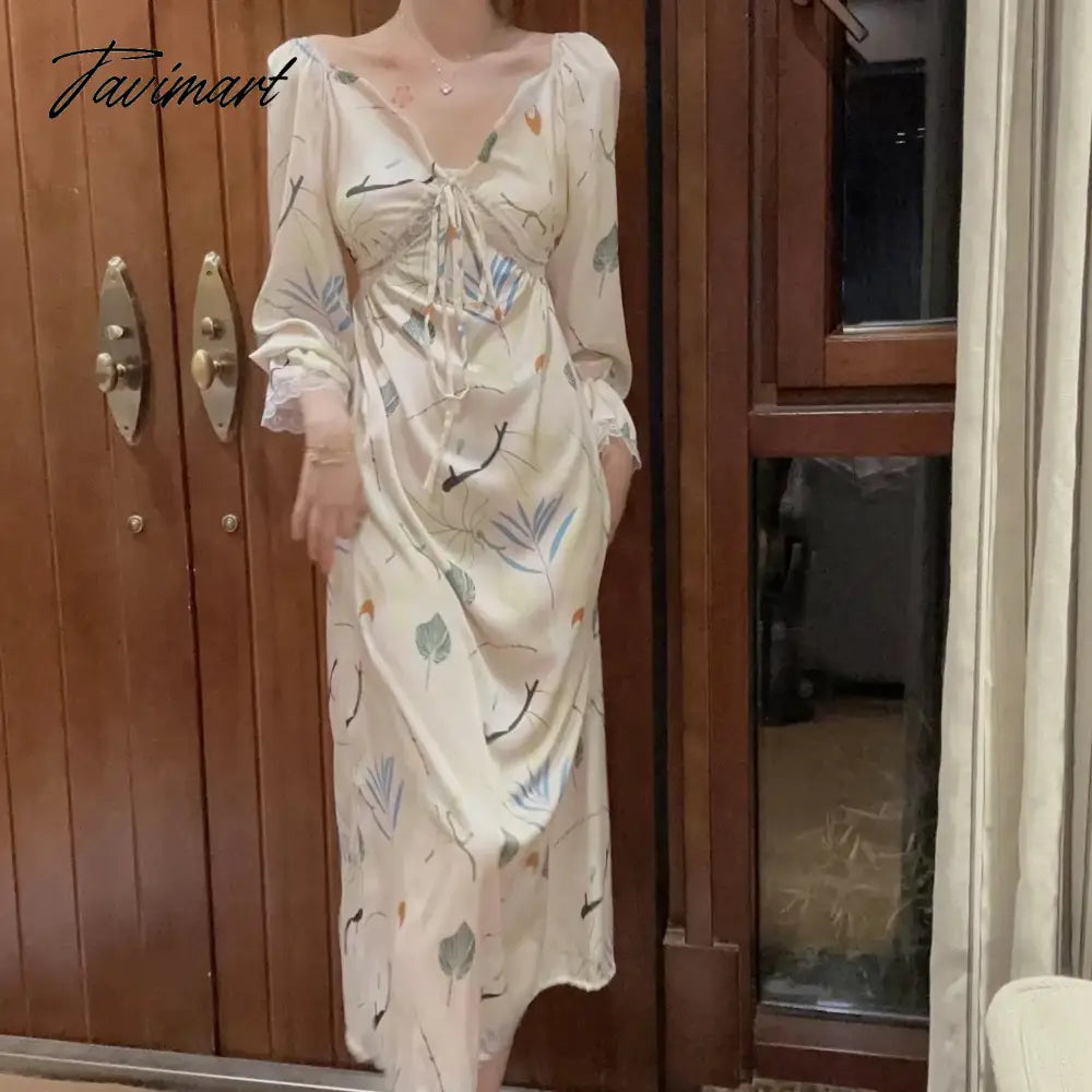 Silk Nightgown Victorian Style Princess Sleepwear Long Woman Floral Print Summer Long Sleeve Nightie