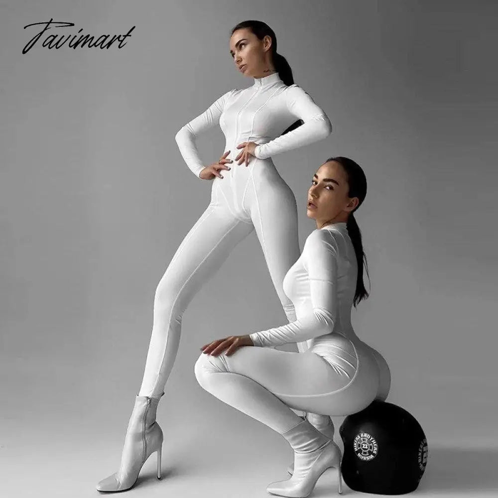 Skinny Sport Jumpsuit Women Casual White Long Sleeve Bodycon One Pieces Sexy Club Outfits Body Tops Autumn Overalls