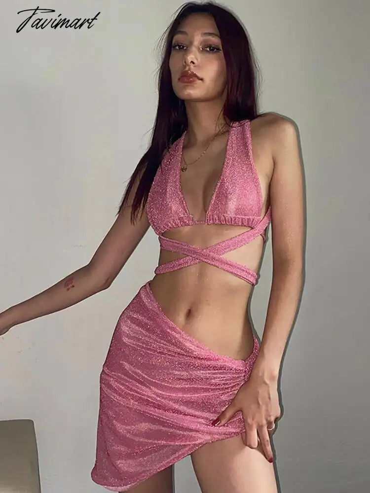 Skirts Sets Women Sparkly Halter Bandage Crop Tops Bodycon Mini Skirts Summer Beach Party Sexy Outfits Matching Sets