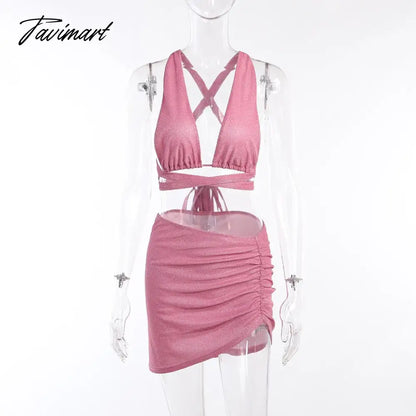 Skirts Sets Women Sparkly Halter Bandage Crop Tops Bodycon Mini Skirts Summer Beach Party Sexy Outfits Matching Sets