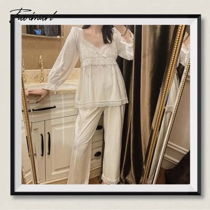 Sleepwear Cotton Vintage Clothes Lace Pajamas Women Room Wear Pyjama Pour Femme Princess Pijamas Feminino White Loungewear