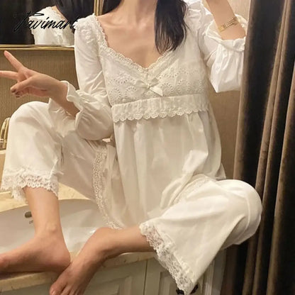Sleepwear Cotton Vintage Clothes Lace Pajamas Women Room Wear Pyjama Pour Femme Princess Pijamas Feminino White Loungewear