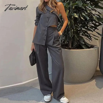 Slim One Shoulder Shirt Button Top Women Sets Summer Solid Irregular 2 Pc Outfit Lady Fashion Pocket Straight Pants Suits