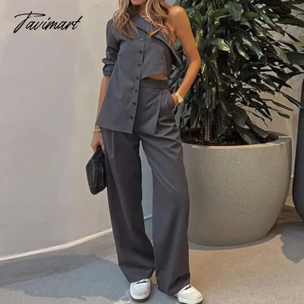 Slim One Shoulder Shirt Button Top Women Sets Summer Solid Irregular 2 Pc Outfit Lady Fashion Pocket Straight Pants Suits