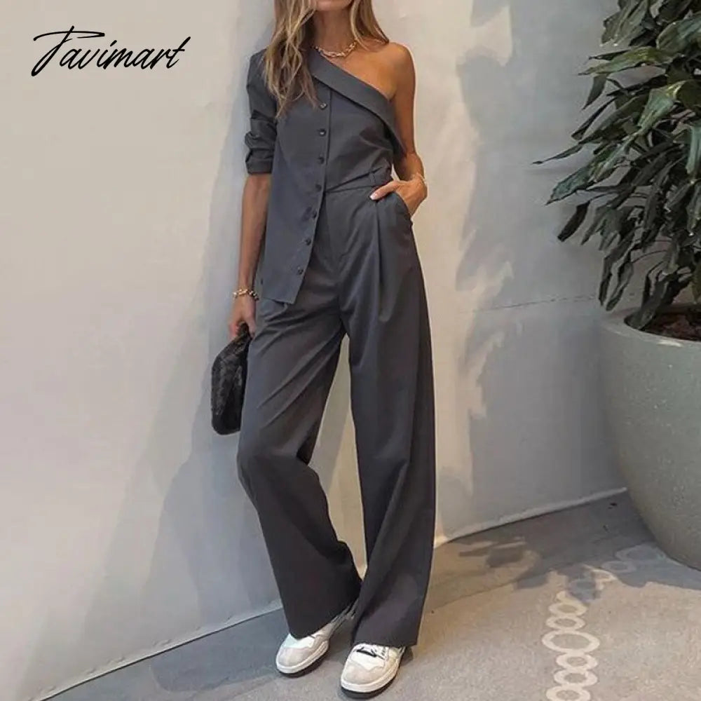 Slim One Shoulder Shirt Button Top Women Sets Summer Solid Irregular 2 Pc Outfit Lady Fashion Pocket Straight Pants Suits