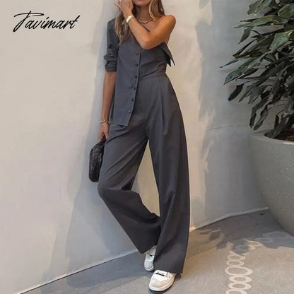 Slim One Shoulder Shirt Button Top Women Sets Summer Solid Irregular 2 Pc Outfit Lady Fashion Pocket Straight Pants Suits