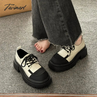 Small leather shoes, women's spring thick sole, Lefu shoes, sponge cake, small stature, increased height, lace up women's single