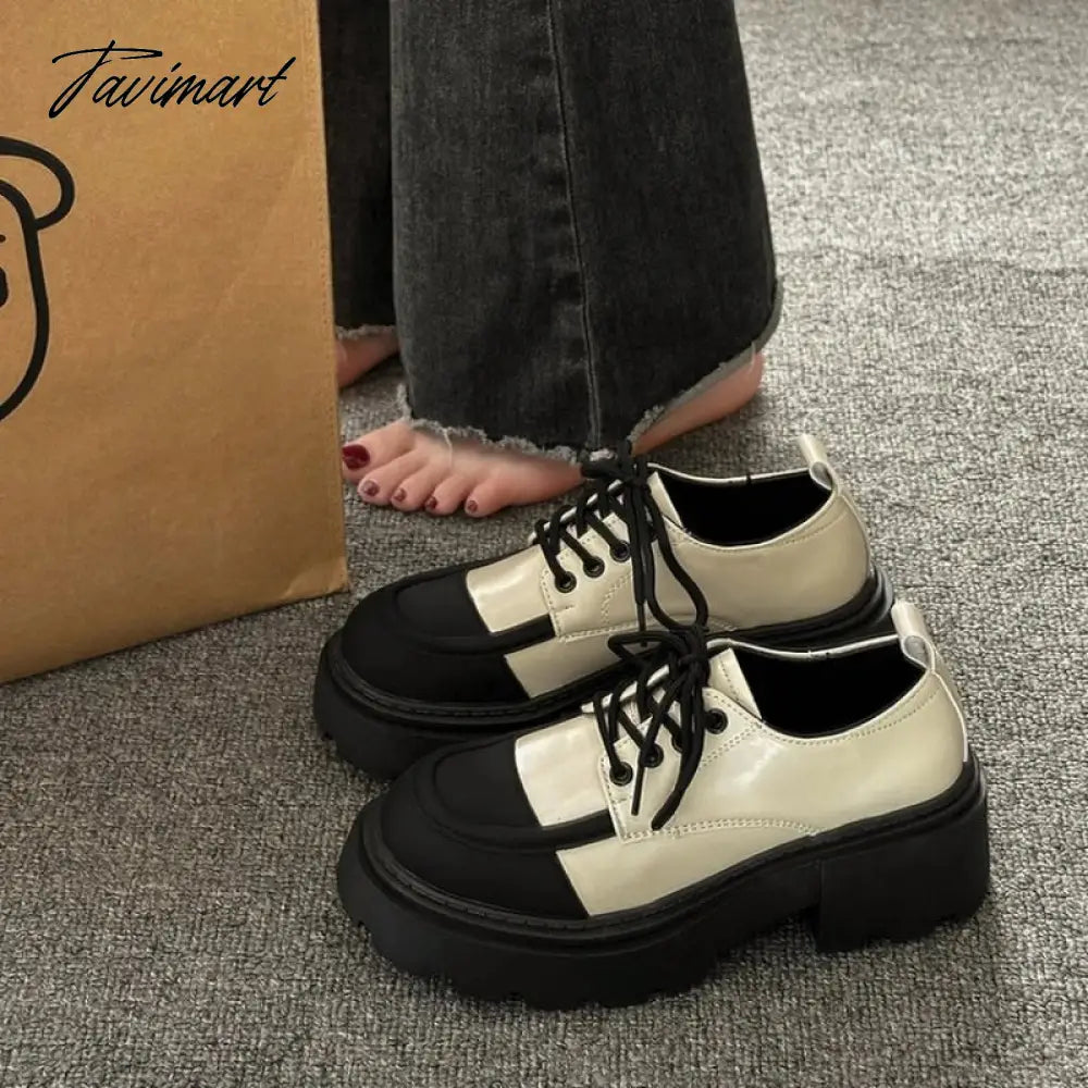 Small leather shoes, women's spring thick sole, Lefu shoes, sponge cake, small stature, increased height, lace up women's single