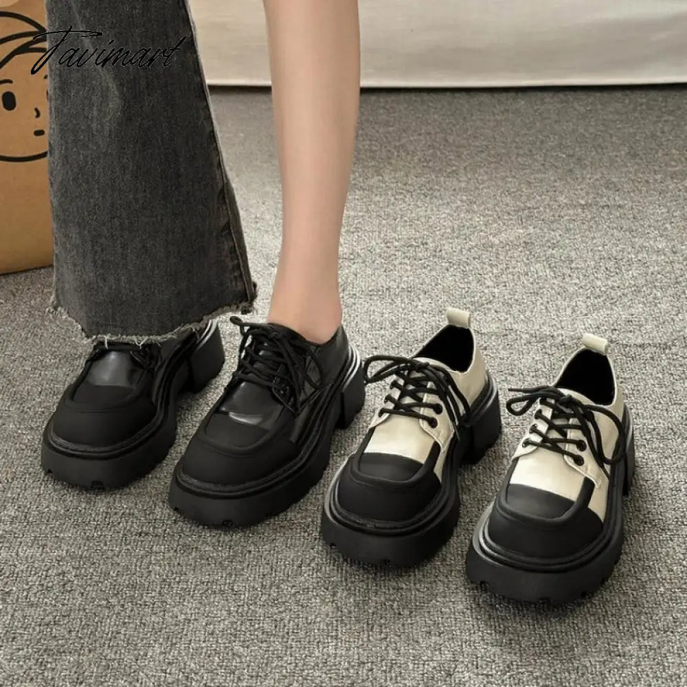 Small leather shoes, women's spring thick sole, Lefu shoes, sponge cake, small stature, increased height, lace up women's single