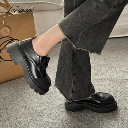 Small leather shoes, women's spring thick sole, Lefu shoes, sponge cake, small stature, increased height, lace up women's single