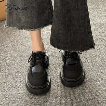Small leather shoes, women's spring thick sole, Lefu shoes, sponge cake, small stature, increased height, lace up women's single