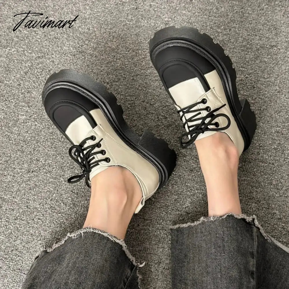 Small leather shoes, women's spring thick sole, Lefu shoes, sponge cake, small stature, increased height, lace up women's single