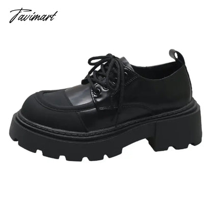 Small leather shoes, women's spring thick sole, Lefu shoes, sponge cake, small stature, increased height, lace up women's single