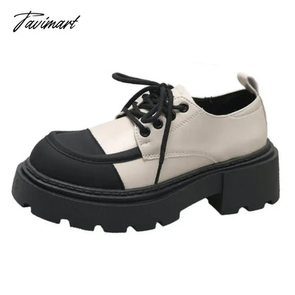 Small leather shoes, women's spring thick sole, Lefu shoes, sponge cake, small stature, increased height, lace up women's single