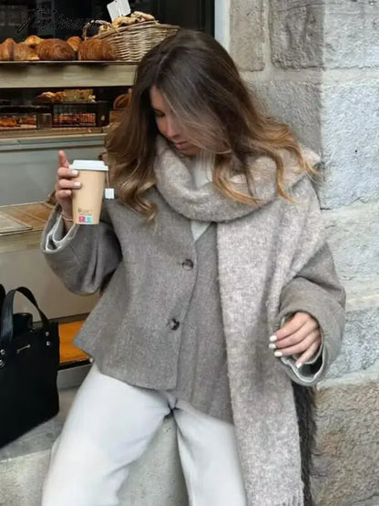 Solid Faux Woolen Blend Jacket For Woman 2024 Winter Warm Solid V-neck Single Breasted Loose Coats Fashion New All-matc Jackets