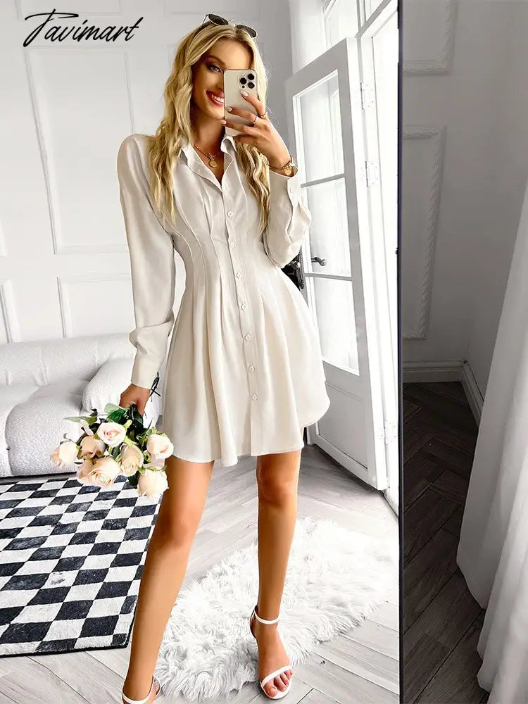 Solid Long Sleeve Mini Shirts Dress For Women Casual V-neck High Waist Single Breasted Ruched Dress Office Lady Autumn Clothing