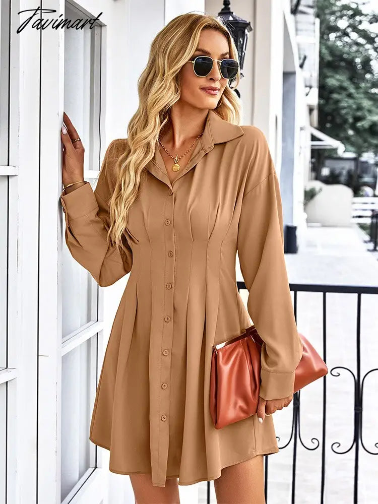Solid Long Sleeve Mini Shirts Dress For Women Casual V-neck High Waist Single Breasted Ruched Dress Office Lady Autumn Clothing